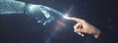 Human hand touching with artificial intelligence robot.